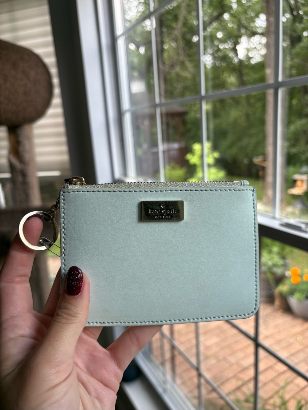 kate spade pale mint leather zip card case with keyring